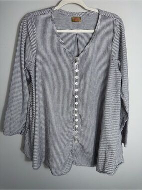 Tulip 100% Cotton Button Front Tunic Blouse-Gray Stripes-Lagenlook-Small